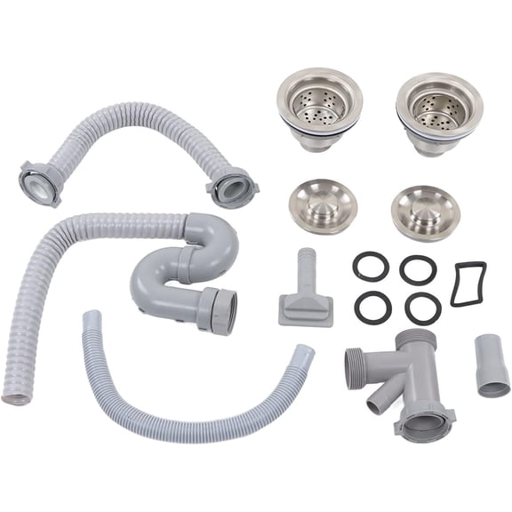 Double Kitchen Sink Drain Kit – Complete Stainless Steel Drain Pipe Set for Dual Bowl Sinks