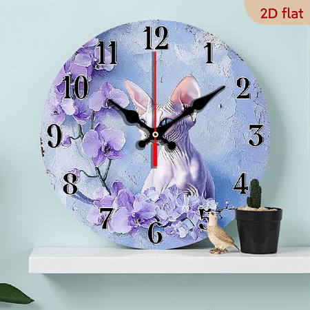 2D Flat 1pc 10Inch Silent Non Ticking Wooden Wall Clock Cat Purple Orchids Art, Circular Design, Battery Operated (AA Not Included) for Living Room, Bedroom, Kitchen, Office Clock for Living