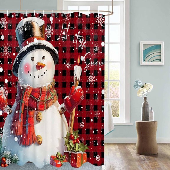 Snowman Christmas Red Shower Curtain for Bathroom, Cute Snowman Holding Candle Farmhouse Decor Xmas Shower Curtain, 72x72 Inch Buffalo Plaid Waterproof Fabric Bath Decor Shower Curtain with Hooks