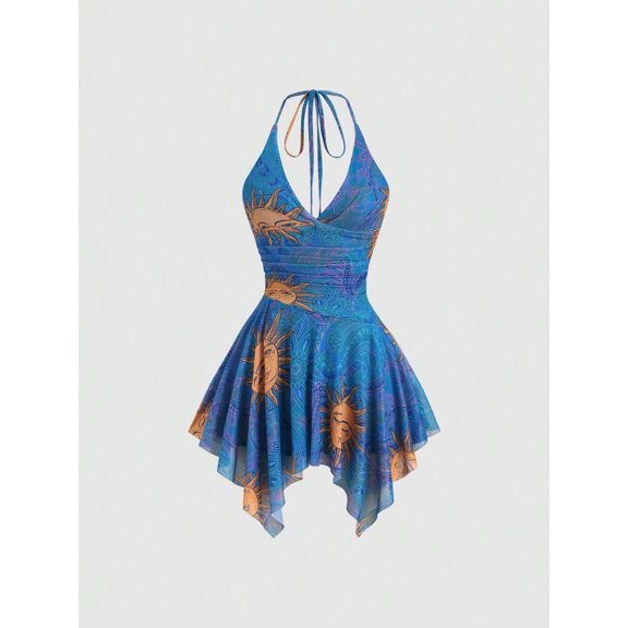 Blue Vintage Y2K Halter Neck Sleeveless Peplum Mini Dress With Sun Face Print
