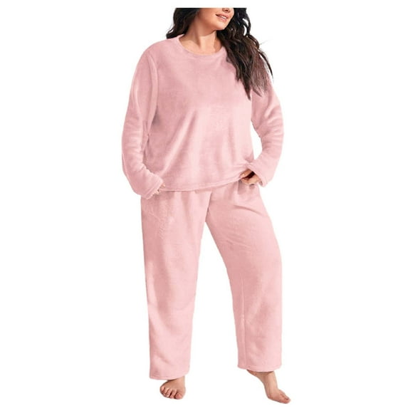 Women's Pajama Sets Plus Size Flannel Thickened Warm Coral Loose Fit Winter Pjs Sets Sleepwear Light Pink 4XL