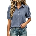 thumbnail image 3 of Admvng Women's Gingham Plaid Shirt Lapel V Neck Puff Ruffle Short Sleeve Chest Pocket Button Down Casual Blouse Tops, 3 of 6