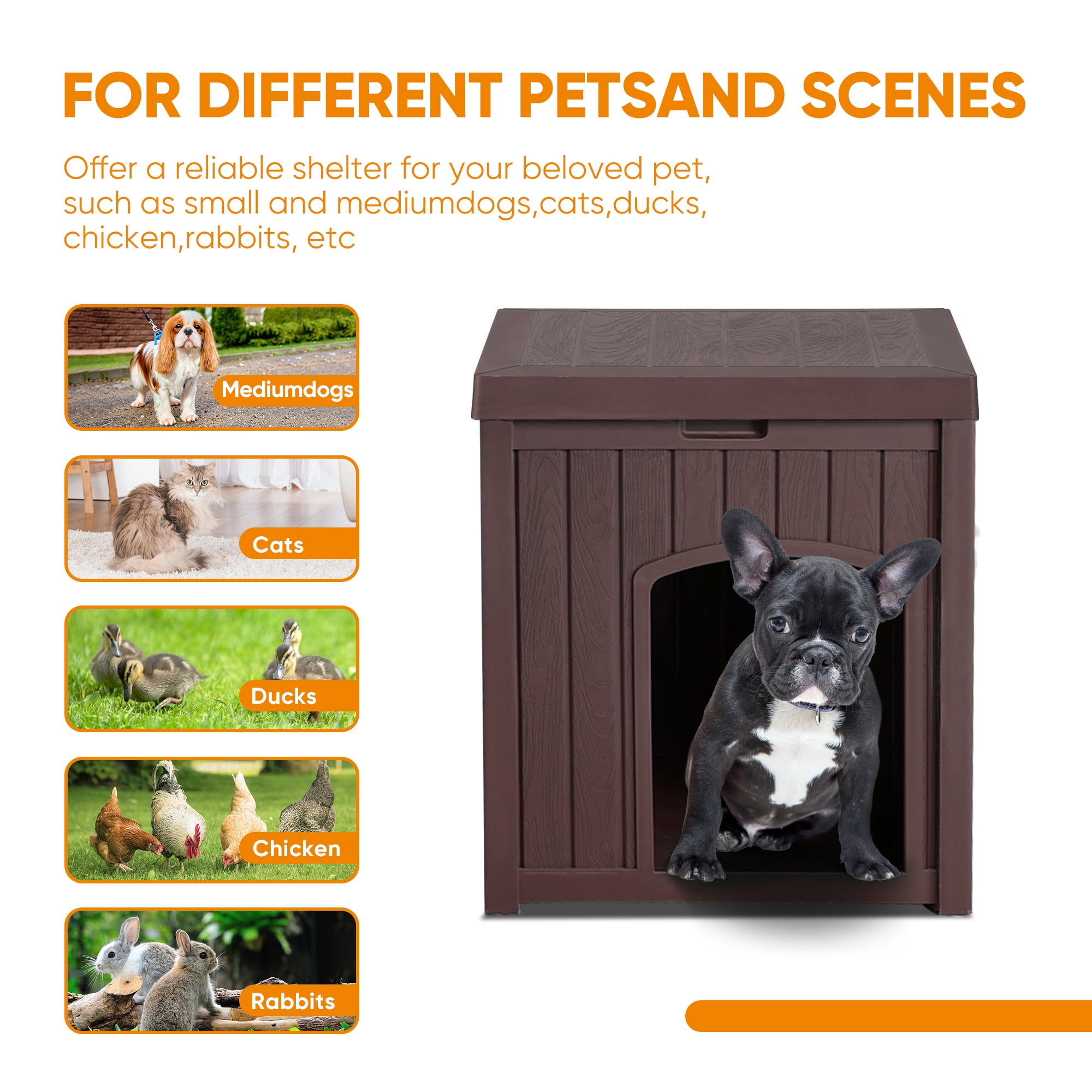 ZYJOYY Outdoor Cat House Weatherproof for Cats, Resin Plastic Kitty Shelter with Openable Flip Lid & Elevated Floor, Indoor Outdoor Cat House for Stray Cats, Easy to Clean, Brown