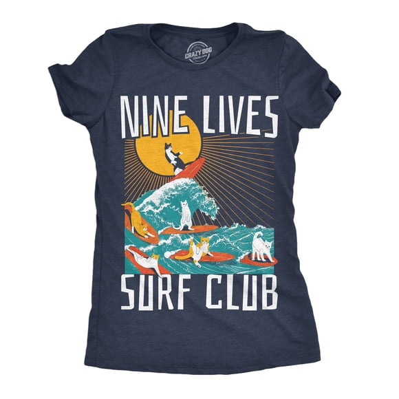 Womens Nine Lives Surf Club Funny T Shirt Cat Graphic Tee for Ladies (Heather Navy - Nine Lives Surf Club) - XL
