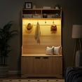 thumbnail image 3 of Vabches 5-in-1 Coat Rack with 4 Hooks, Farmhouse Hall Tree with LED Sensor Lights, Storage Bench, Shoe Cabinet for Hallway, Living Room, Oak, 3 of 9