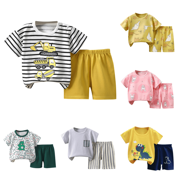 Lovzfmll 2-Piece Printed Cotton Set, Short Sleeve Round Neck Top & Shorts for Boys & Girls, Casual Outfits for Toddler 1-2 Years