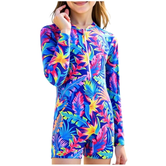 Agkizg Girls One-Piece Swimsuit Long Sleeve Rashes Guard Sun Protection Round Neck Print Swimwear for Kids Youth Teens Swimming Bathing Suits