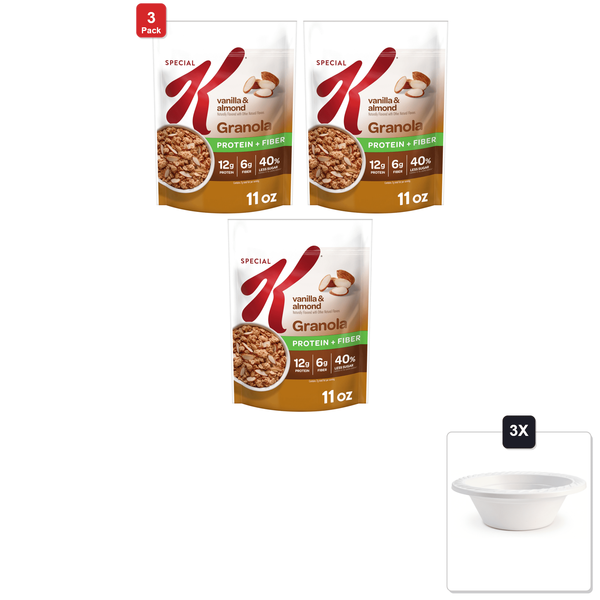 3 Pack | Kellogg’S Special K Granola, Protein Granola, Vanilla And Almond, 11 oz Bag (1 Bag) & 3x 12oz Disposable Plastic Bowl