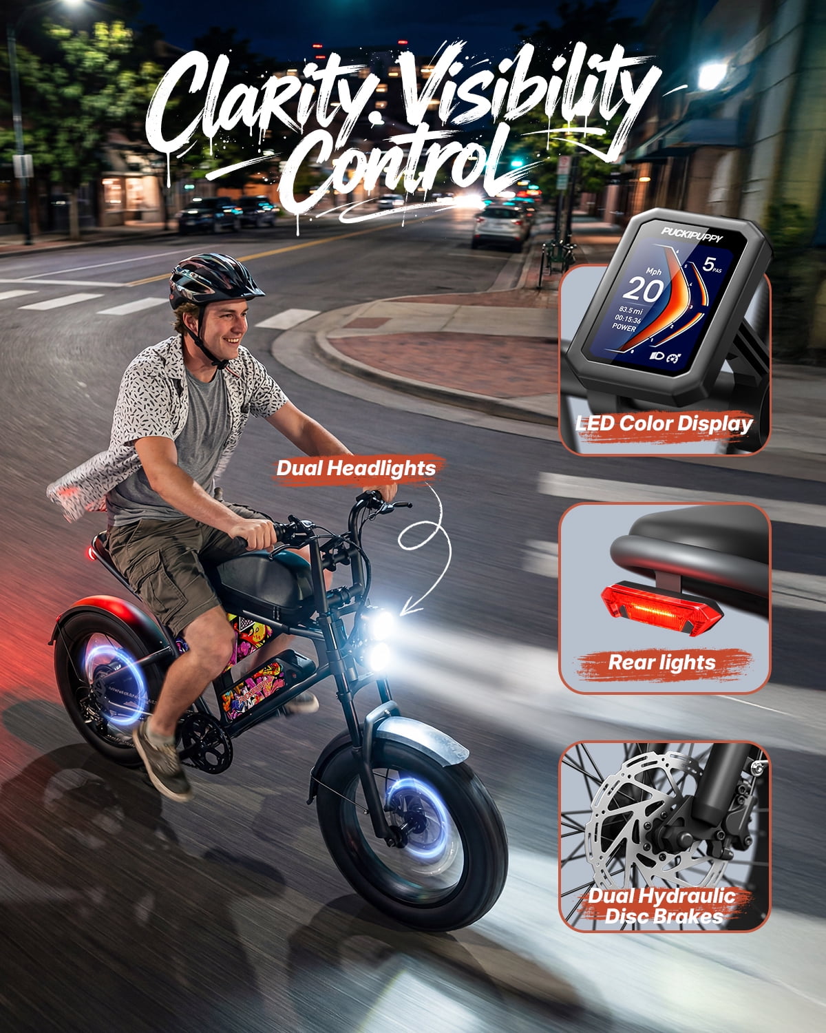 PUCKIPUPPY Electric Bikes for Adults 28mph Max Speed 960W Peak 60Miles Range Moped Style E-Bike 48V 15AH Battery 20" Fat Tire Full Suspension Ebikes 7-Speed E-Mountain Bike, Comply with UL2849 by SGS
