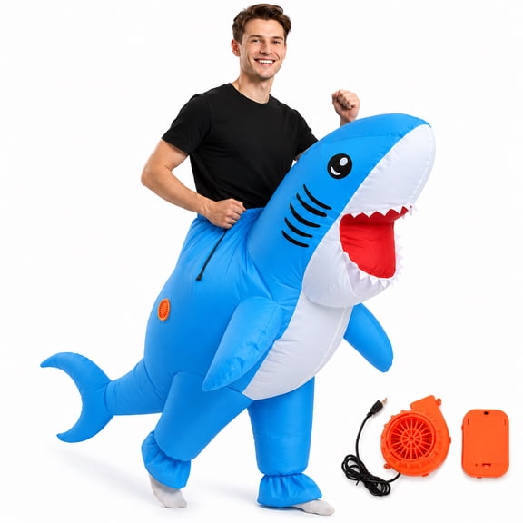 GOBWCOT Adult Ride On Shark Inflatable Costume, Funny Blow Up Costume Suit for Halloween Cosplay Party, One Size Fits Most