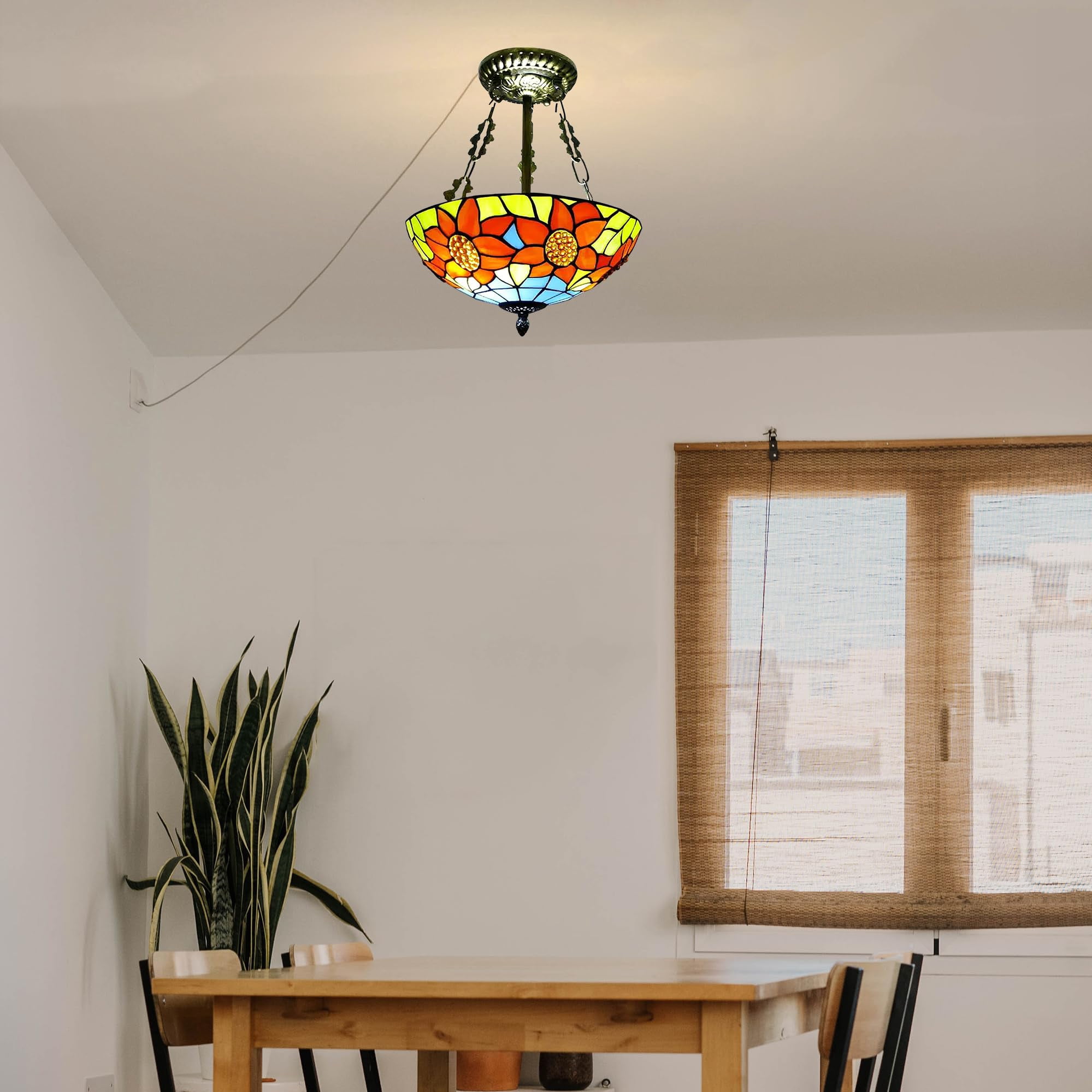 Kiven 11.8in Flush Mount Ceiling Light Fixture Dimmable, 2-Light Anti Glare Close to Ceiling Light with 15FT Plug-in Cord, Tiffany-Style Glass Chandelier for Bedroom Kitchen Hallway(No.3220)