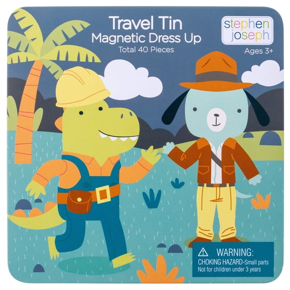 Stephen Joseph, Travel Tin Magnetic Dress Up, Dino and Dog Small, 40 unique pieces