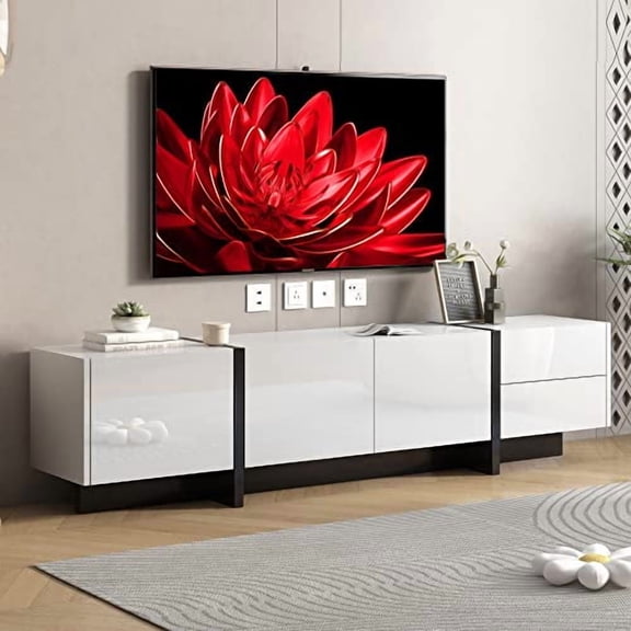 75 inch Modern TV Stand with Storage for 75 inch TV, White Low Profile TV Stand with Drawers and Cabinet, High Glossy Entertainment Center Wood TV Stand for Living Room, Bedroom (White)