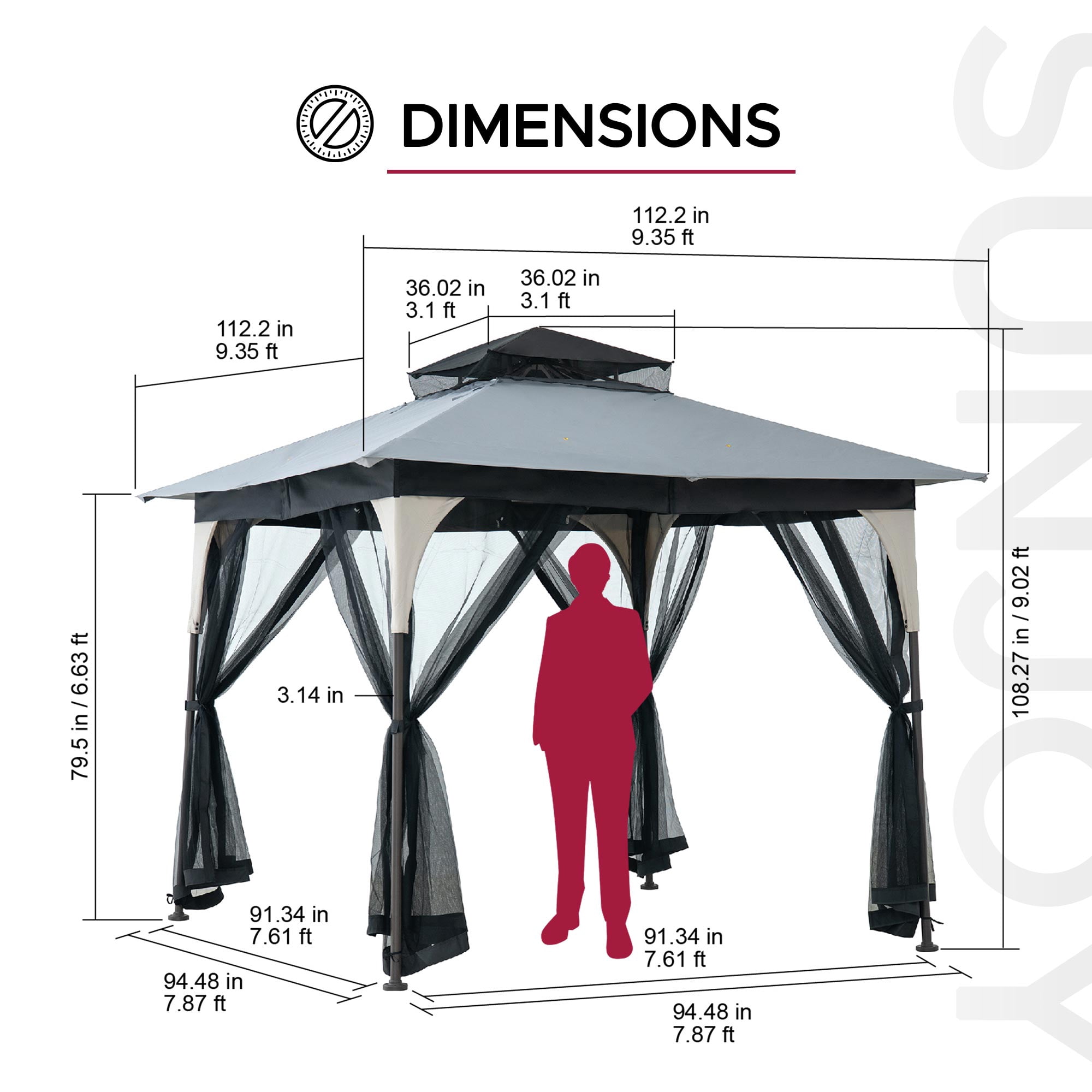 Sunjoy 9 ft. x 9 ft. Light Gray and Black Steel Soft Top Gazebo Mosquito Nettings and Privacy Screens, Double Roof Outdoor Screened Gazebos Shelter, Gazebo Canopies for Backyard