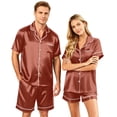 thumbnail image 2 of Garbnen Silk Matching Pajama Sets for Couples 2 Piece Short Sleeve Button Down Sleepwear Pjs Shorts Set Cozy Mens Loungewear Sets Brown XXL, 2 of 8