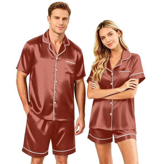 Resicozy Satin Matching Pajamas for Couple Sets Silk Button Down Nightwear Women & Men Short Sleeve Sleepwear 2 Pieces Loungewear Light Brown 2XL