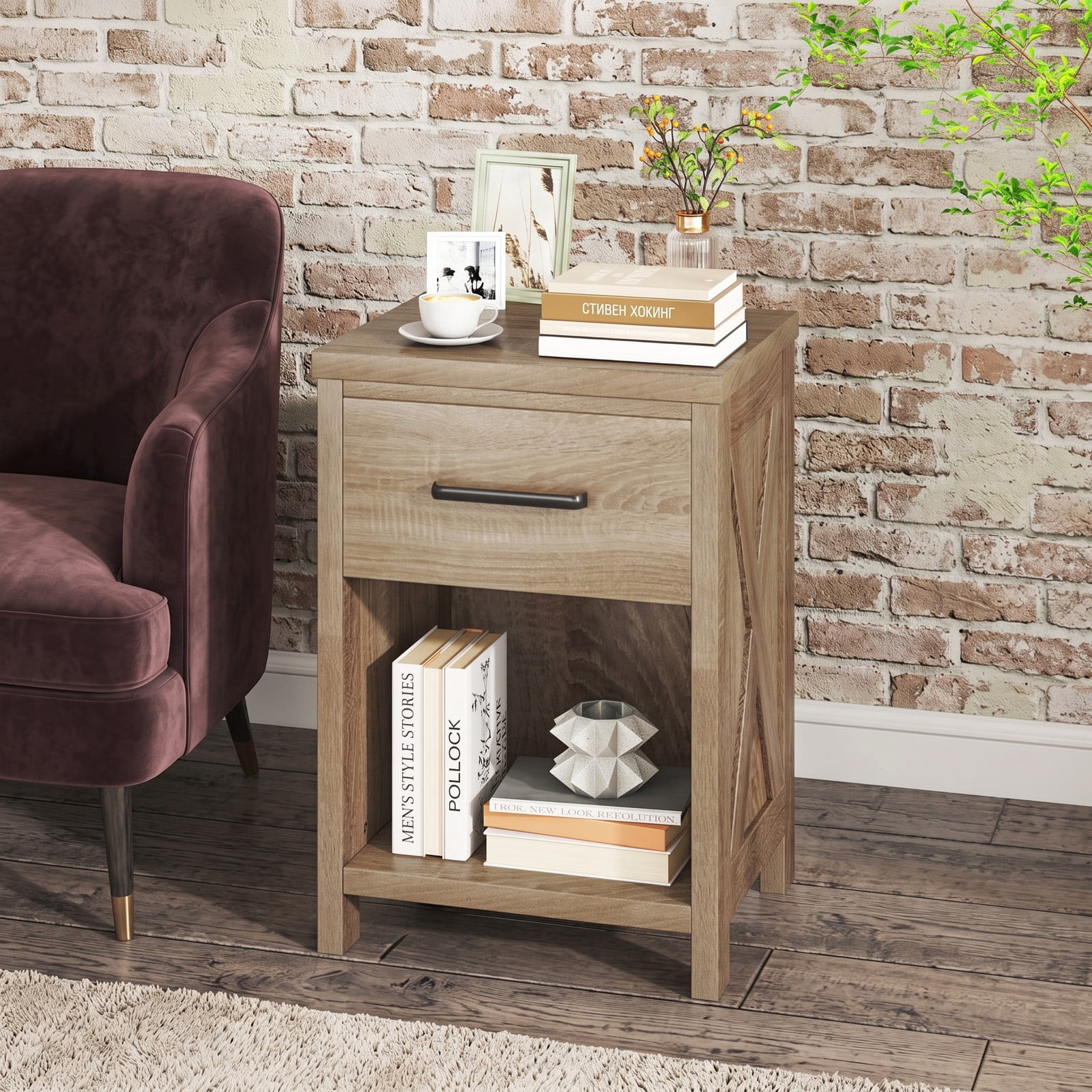 Furnibear Farmhouse Nightstand with Drawer and Open Shelf Bedside Table with X Side Accents for Bedroom Living Room, Natural