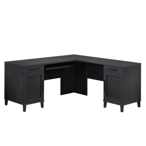 Pemberly Row Contemporary Coastal Engineered Wood L-Desk in Raven Oak