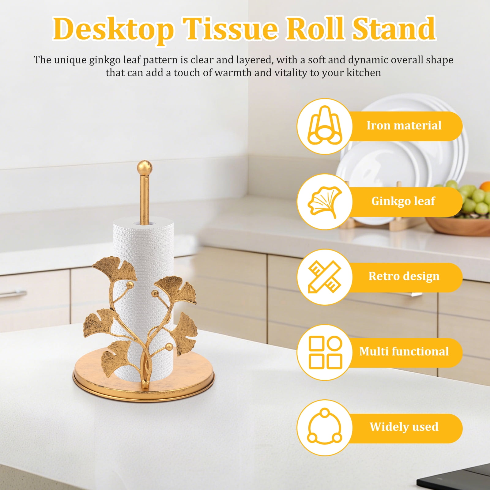 Tzdxfgl Free-Standing Metal Countertop Paper Towel Holder with Non-Slip Base, 11 Inch, Gold Leaves