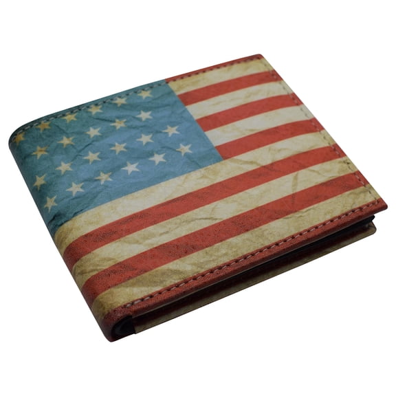 RFID Blocking Men's USA Flag Printed Bifold Genuine Leather Wallet Western with Gift box
