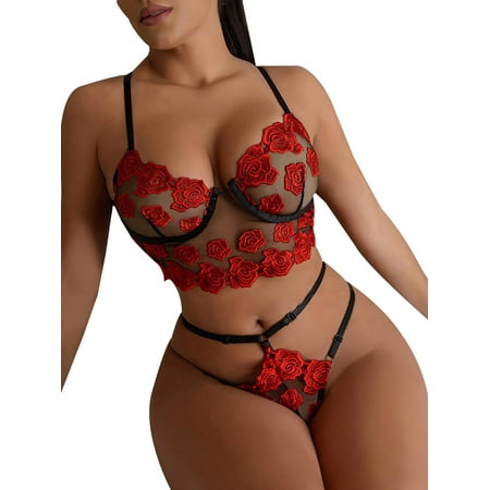 

Cilcicy Women Lace Underwear 2Pcs Teddies Thin Strap Unlined Underwire Bra Sets