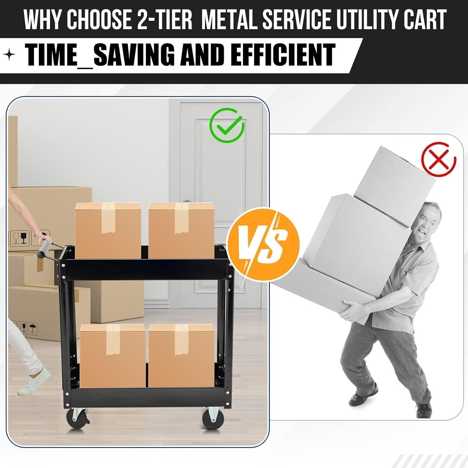 2-Tier Utility Cart, Heavy Duty Steel Rolling Cart, 300lb Multi-Purpose Tool Organizer, Metal Garage Organizer Tool Cart for Warehouse, Garage, Garden, Kitchen