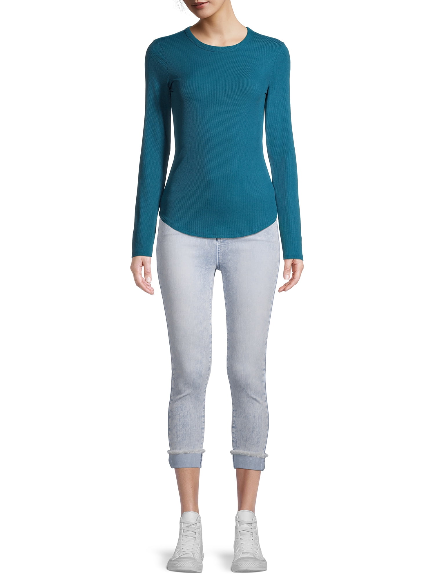 No Boundaries Ribbed Crewneck Tee with Long Sleeves, Women's