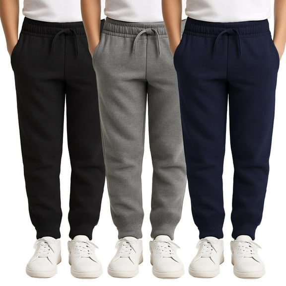 Yacht & Smith 3 Pack of Boys Jogger Bulk Sweatpants, Black Navy Gray, Comfy Lounge Joggers for Kids