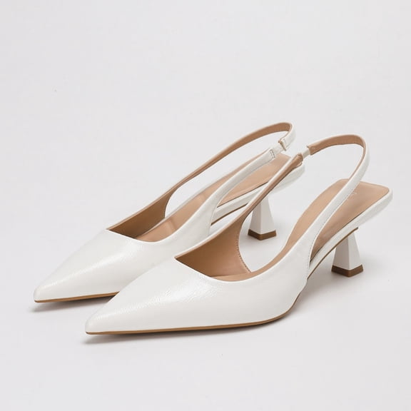 On feet& in love Women's Pointed Toe Slingback Kitten Heels with Crumpled Patent PU Finish - White Dress Shoes for Office & Wedding - Size 5.5