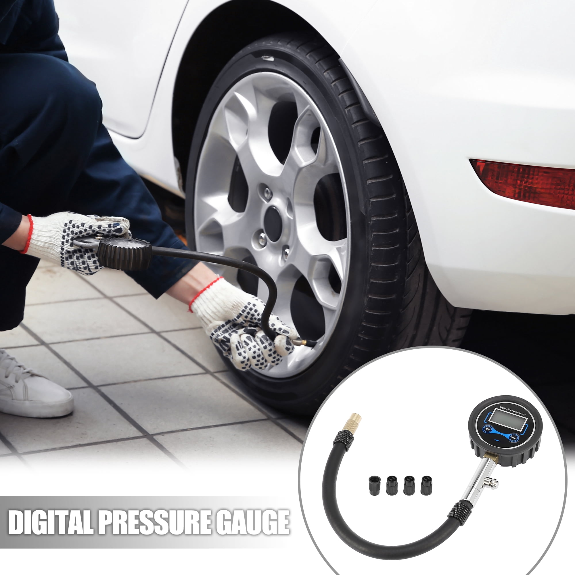 Unique Bargains 1 Set 200 PSI Portable Car Digital Pressure Gauge with 4 Tire Valve Caps