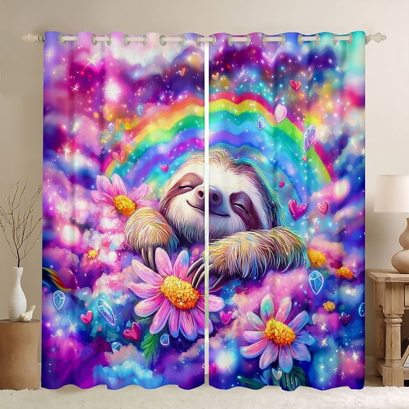 Castle Fairy Animal Sloth Black Out Curtains,Bling Daisy Curtains Pack of 2 (42x63 Each)
