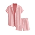 thumbnail image 2 of Hogleaql Men's Summer Vacation 2 Piece Outfits Hawaiian 2026 Summer Short Sleeve Button Down Shirts and Shorts Outfits Elastic Waist Vacation Loose Fit Dressy Matching Sets with Pockets Pink M, 2 of 3