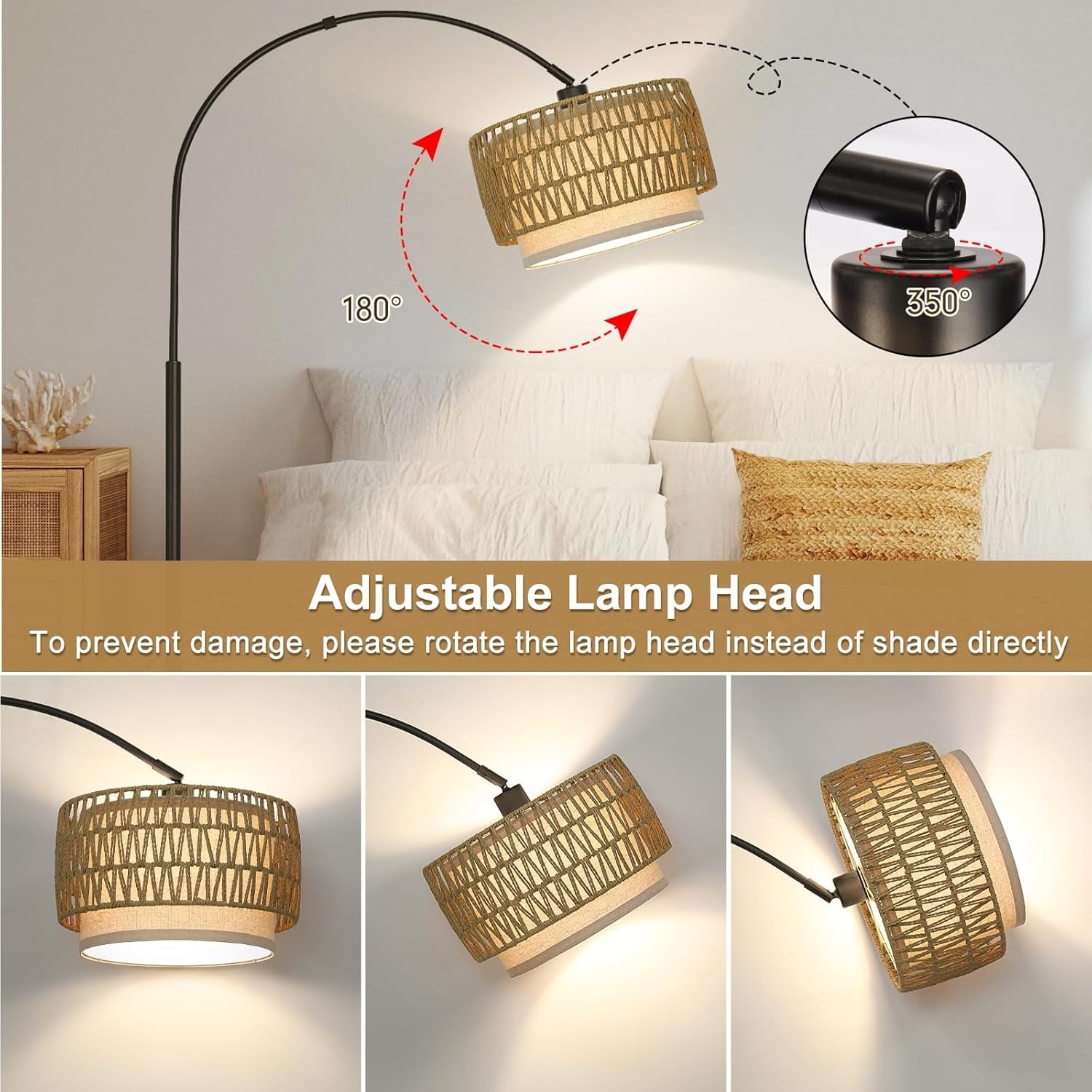 Floor Lamp, Floor Lamps for Living Room, Standing Lamp with Adjustable Hanging Fabric Shade, Tall Pole Lamp with Foot Switch, Over Couch Reading Light for Bedroom, Office