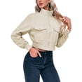 thumbnail image 2 of Long Sleeve Stand Collar Solid Women Zipper Bomber Jacket Motorcycle Crop Coat, 2 of 6