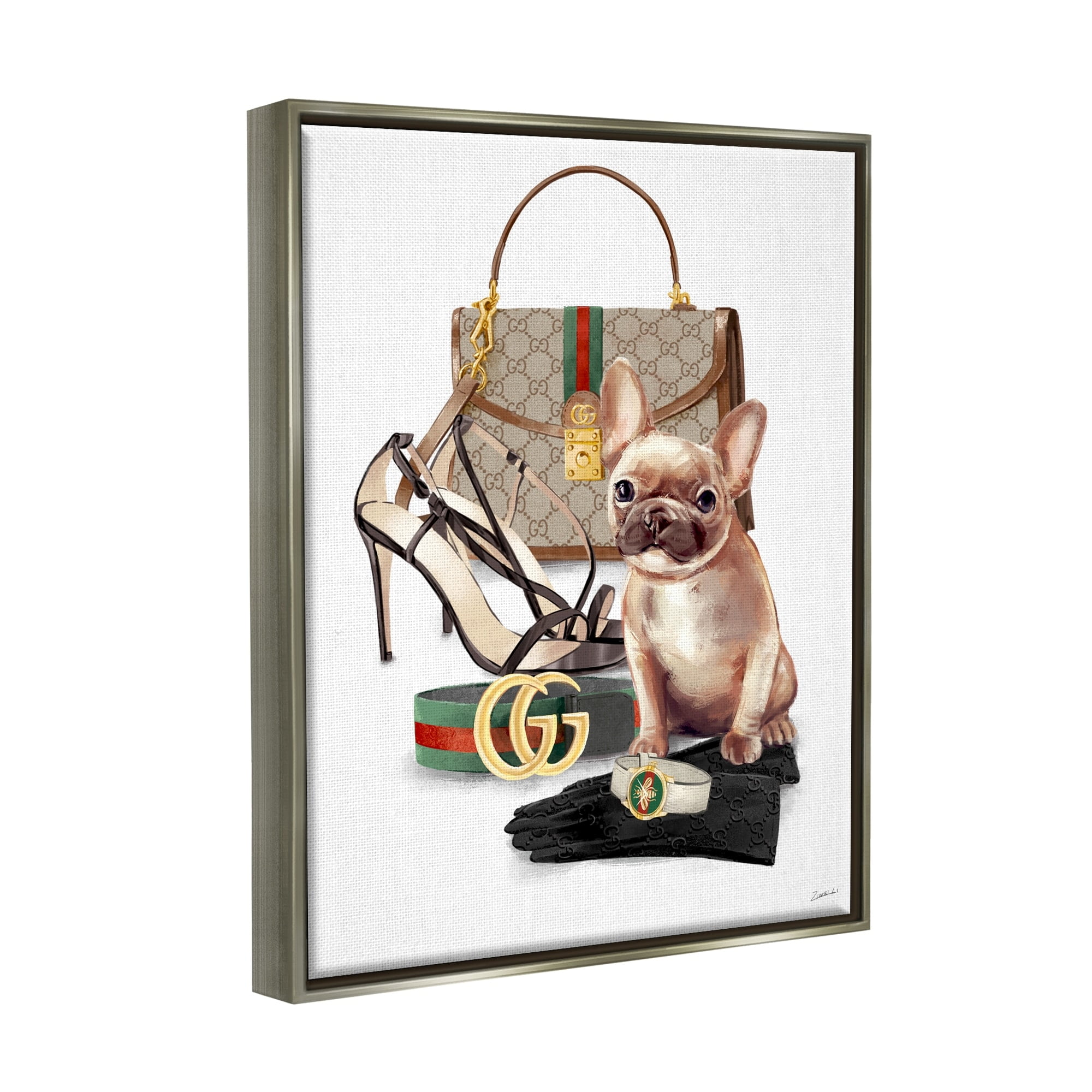 Stupell Industries Stylish Puppy Dog Designer Purse Shoes Accessories Luster Gray Framed Floating Canvas Wall Art, 24x30, by Ziwei Li