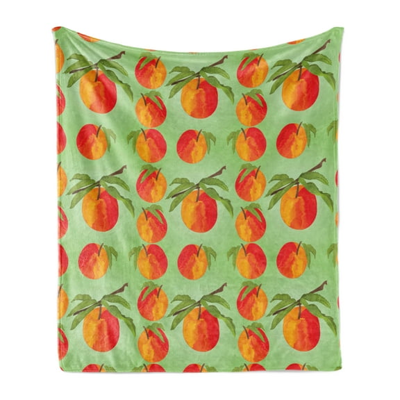 Peach Soft Flannel Fleece Blanket, Botanical Organic Garden Delicacies Mellow Orange Nectarines with Leaves, Cozy Plush for Indoor and Outdoor Use, 50" x 70", Green Orange Vermilion, by Ambesonne