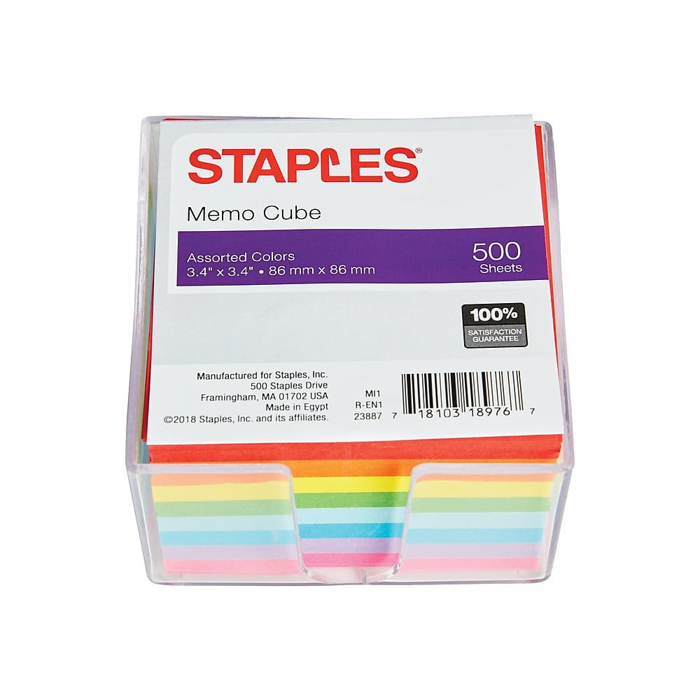 Staples Memo Cube Memo Pad 3.4' x 3.4' Unruled Assorted Colors 500 Sh./Pad 276964