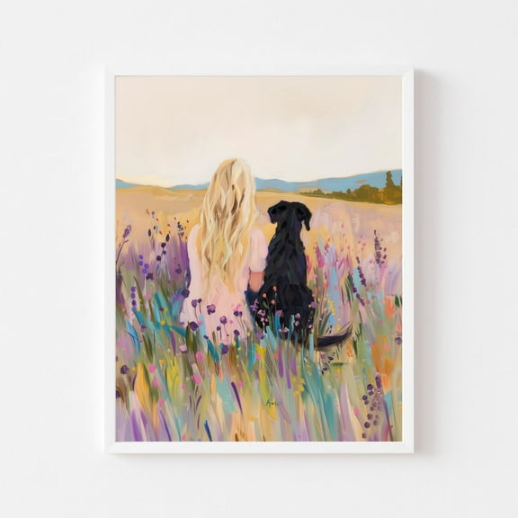Kna Prints - Blonde Girl And Black Lab Painting Colorful Heaven Wall Art Print Wildflower Meadow Puppy Pet Labrador Dog, UNFRAMED-8x12