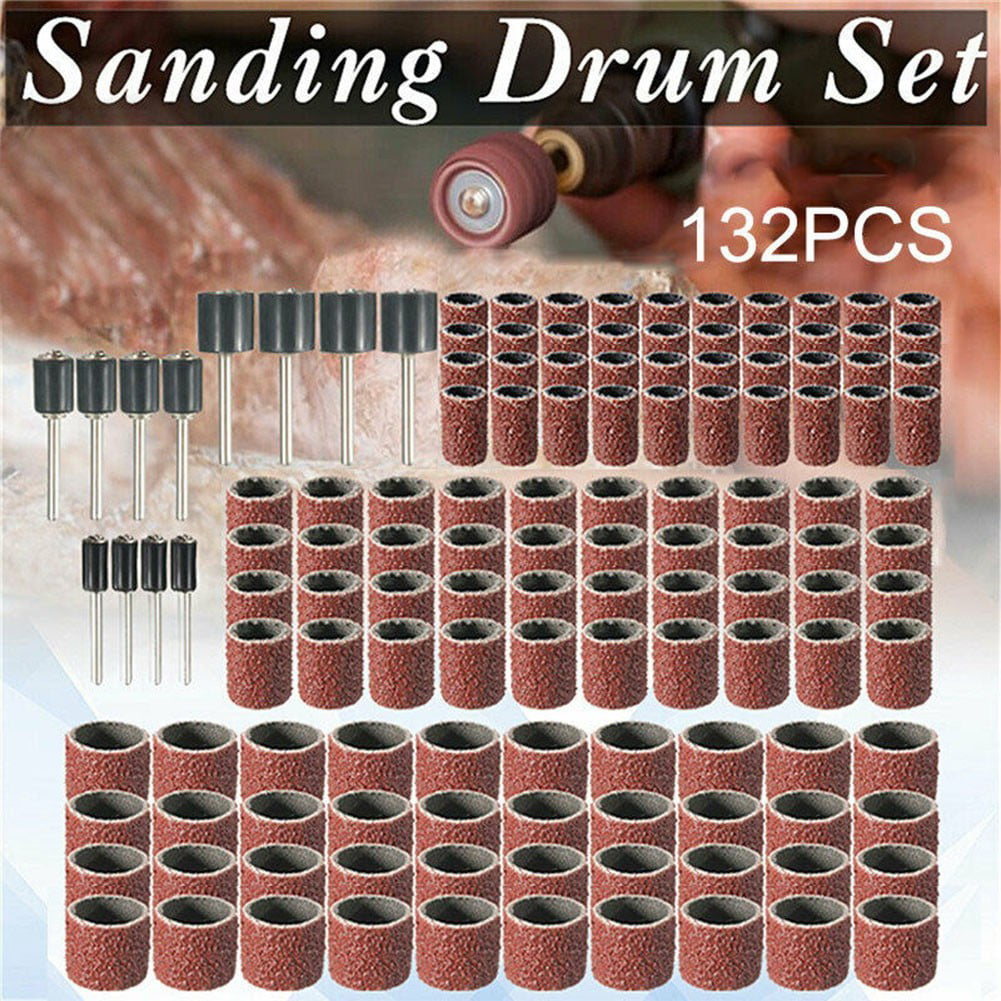 132Pcs 1/2 3/8 1/4 Sanding Drum Sleeve Kit Mandrel Rotary Polishing Tool Set 