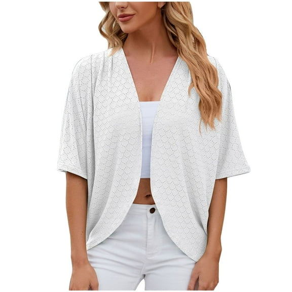 Penkiiy Womens Casual Lightweight Cardigans Open Front Short Sleeve Cardigan Summer Cover Up XL White
