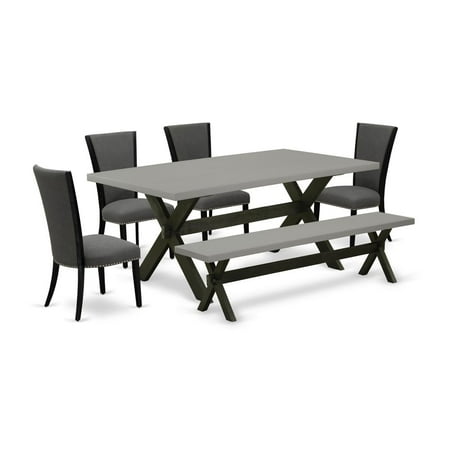 East West Furniture X697VE650-6 6 Piece Dining Set – 4 Dark Gotham Grey Linen Fabric Comfortable Chair with Nailheads and Cement Wooden Dining Table – 1 Small Bench – Black Finish