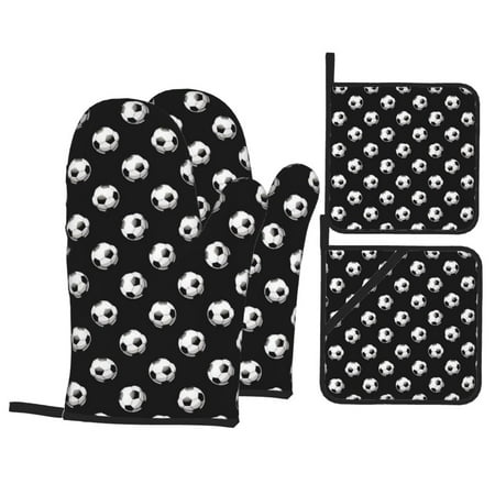 

Oven Mitts and Pot Holders 4 pcs Set football soccer ball black Heat Resistant Pot Holders Oven Mitts for kitchen Non-Slip Hanging Loop Oven Glove Potholders for Baking Cooking