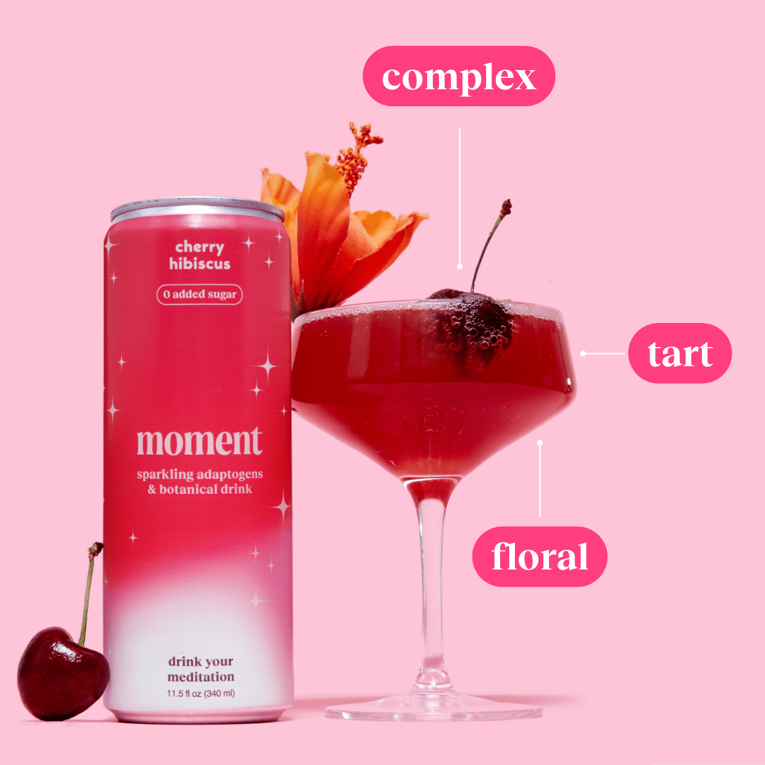 Moment Mocktails Non Alcoholic Drinks (Shark Tank) | SPARKLING Cherry Hibiscus Adaptogen Drink | L-Theanine & Ashwagandha for Calm & Clarity | 0 Added Sugar 0 Caffeine | 12-pack
