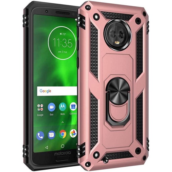 Military Grade Drop Impact for Motorola Moto G6 Case 360 Metal Rotating Ring Kickstand Holder Magnetic Car Mount Heavy Duty Shockproof Case for Moto G6 Phone Protection Case (Rose Gold)