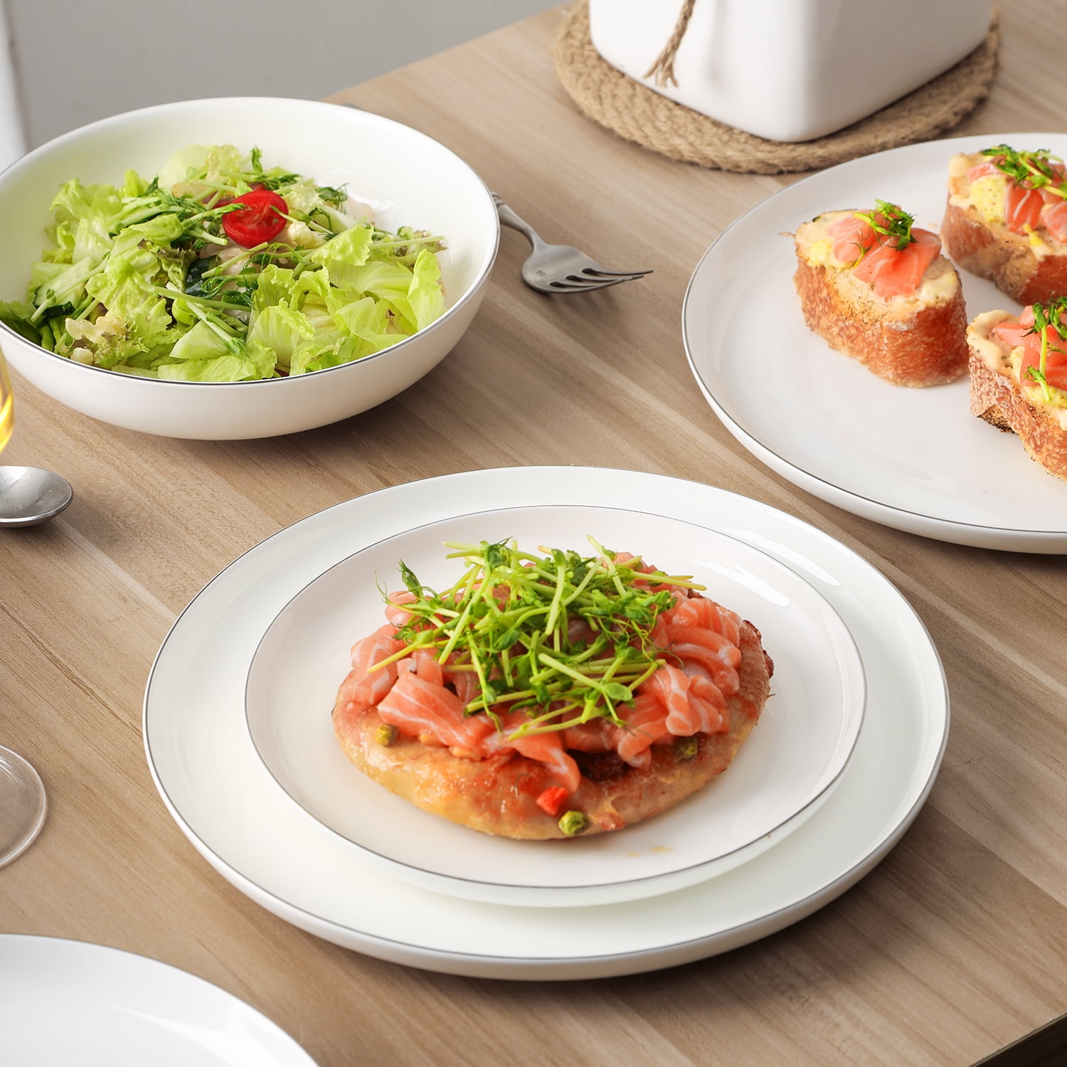 Stone Lain Gabrielle Formal Bone China Dinnerware Set for 4, White and Platinum
