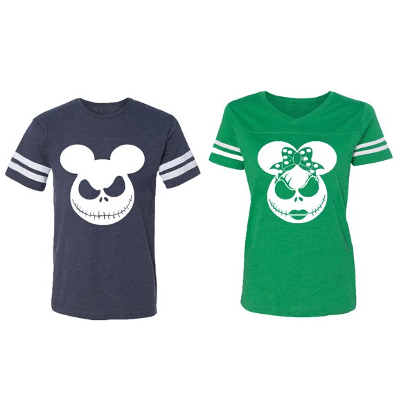 Halloween Jack Mouse Ears Matching Couple Cotton Jerseys (Men Navy / Women Green) (Men S / Women XL)