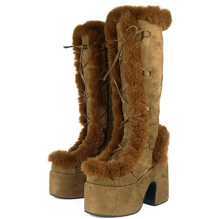 

RIBETRINI Brand Designer Fur Gothic Chunky Block Heel Women Boots High Heel Platform Cosplay Casaul Party Warm Boots Shoes Women