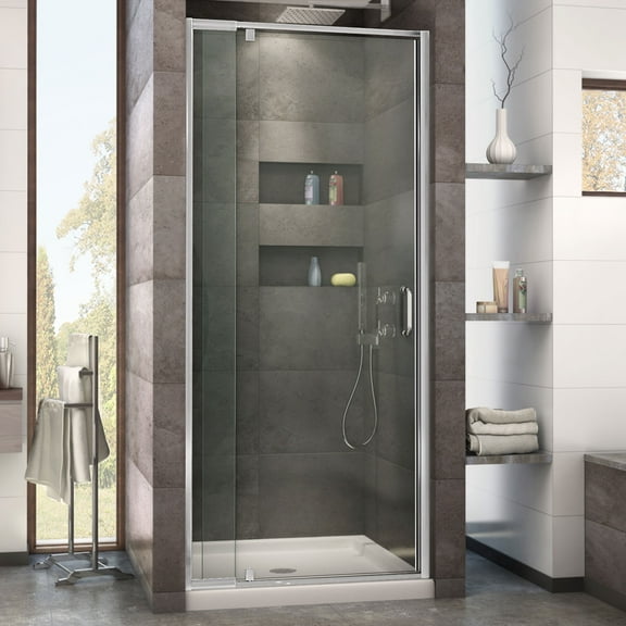 DreamLine Flex 36 in. D x 36 in. W x 74 3/4 in. H Semi-Frameless Pivot Shower Door in Chrome with Center Drain Black Base