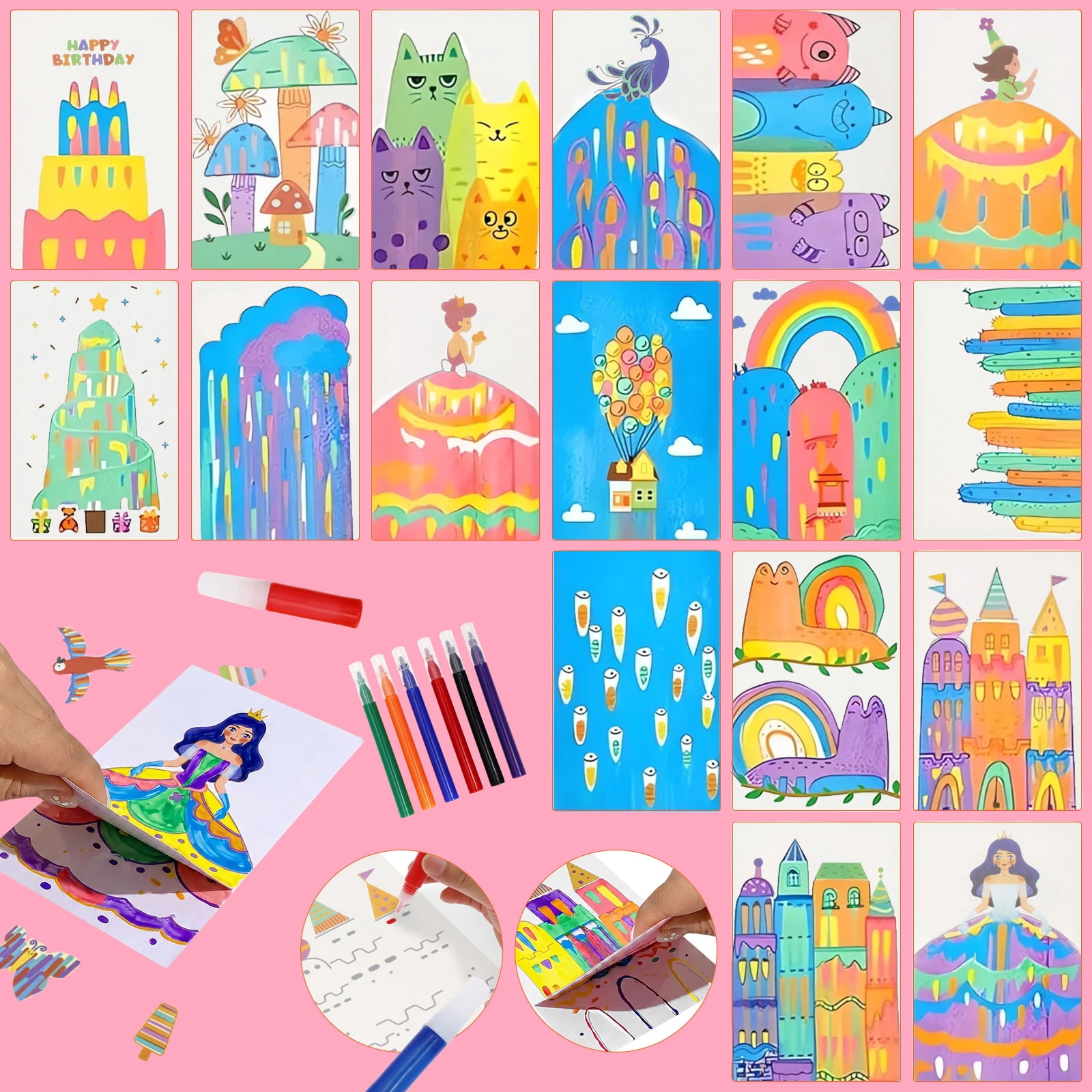 DIY Scratches Art for Party Activities Creative Postcard Design Scratch Painting Kit Novelty Squeegee Art Kit With Multi Color Paints for Adults Kids