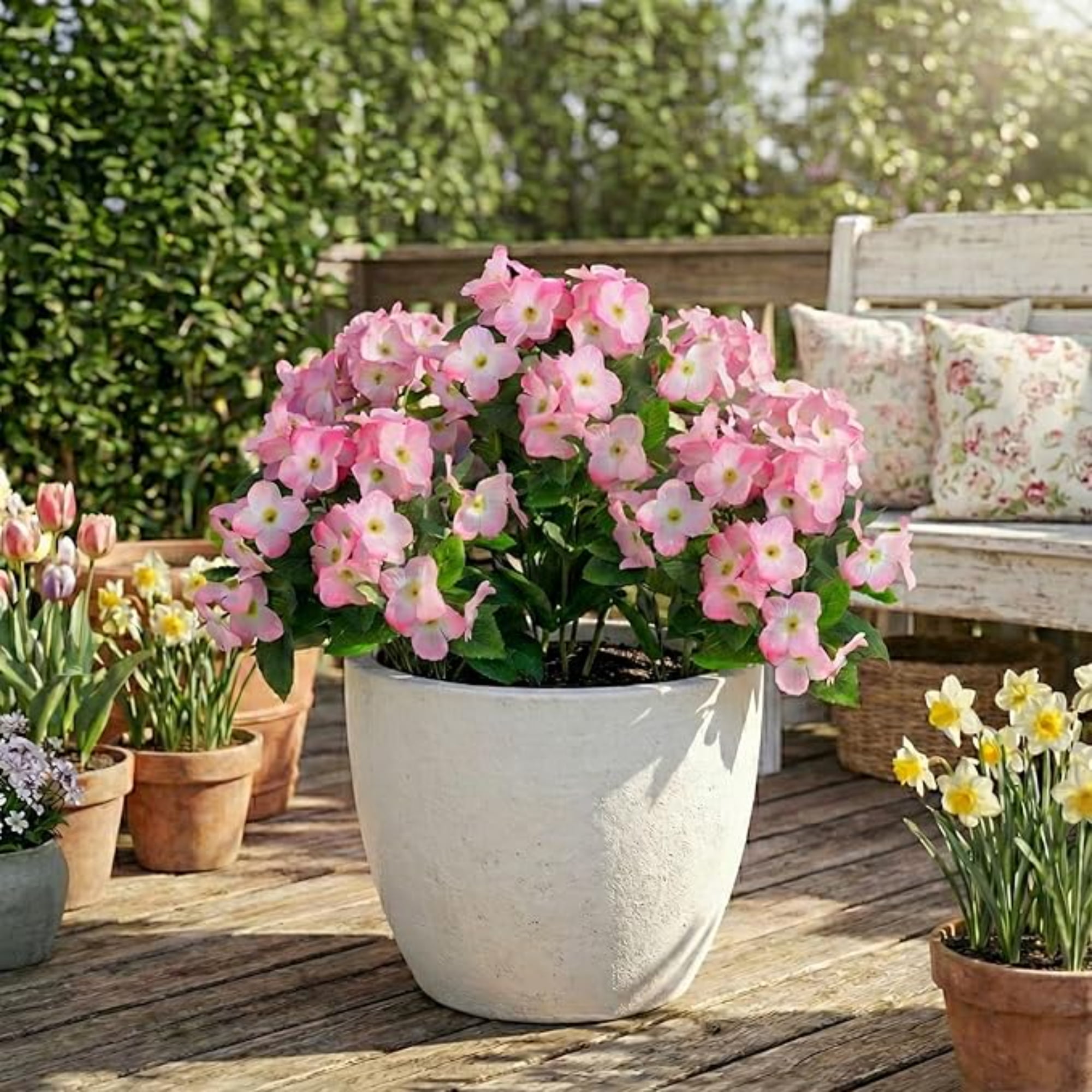 Nearly Natural UV-Resistant Artificial Hydrangea Outdoor Bush Plant - 14" - Pink - Set of 6